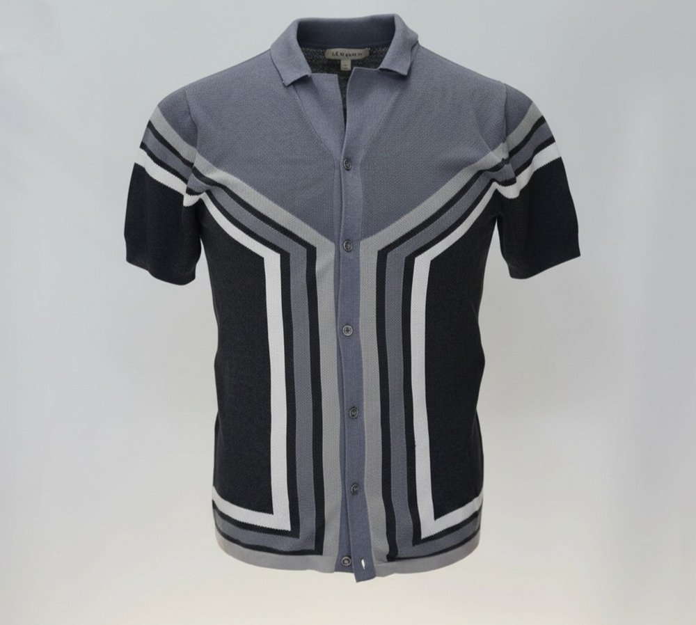 A3 REISS Grey Charcoal Knit Cuban Collar Short Sleeve Button Down Shirt Size L